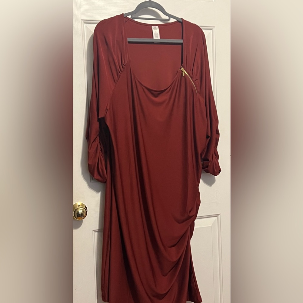 Gently word burgundy ruched plus size dress with gold zipper.